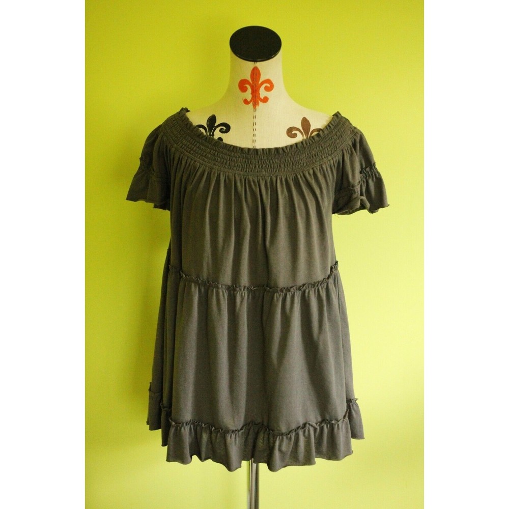 EASEL Anthropologie Off Shoulder Ruffle Short Sleeve Boho Tunic Dress Gray